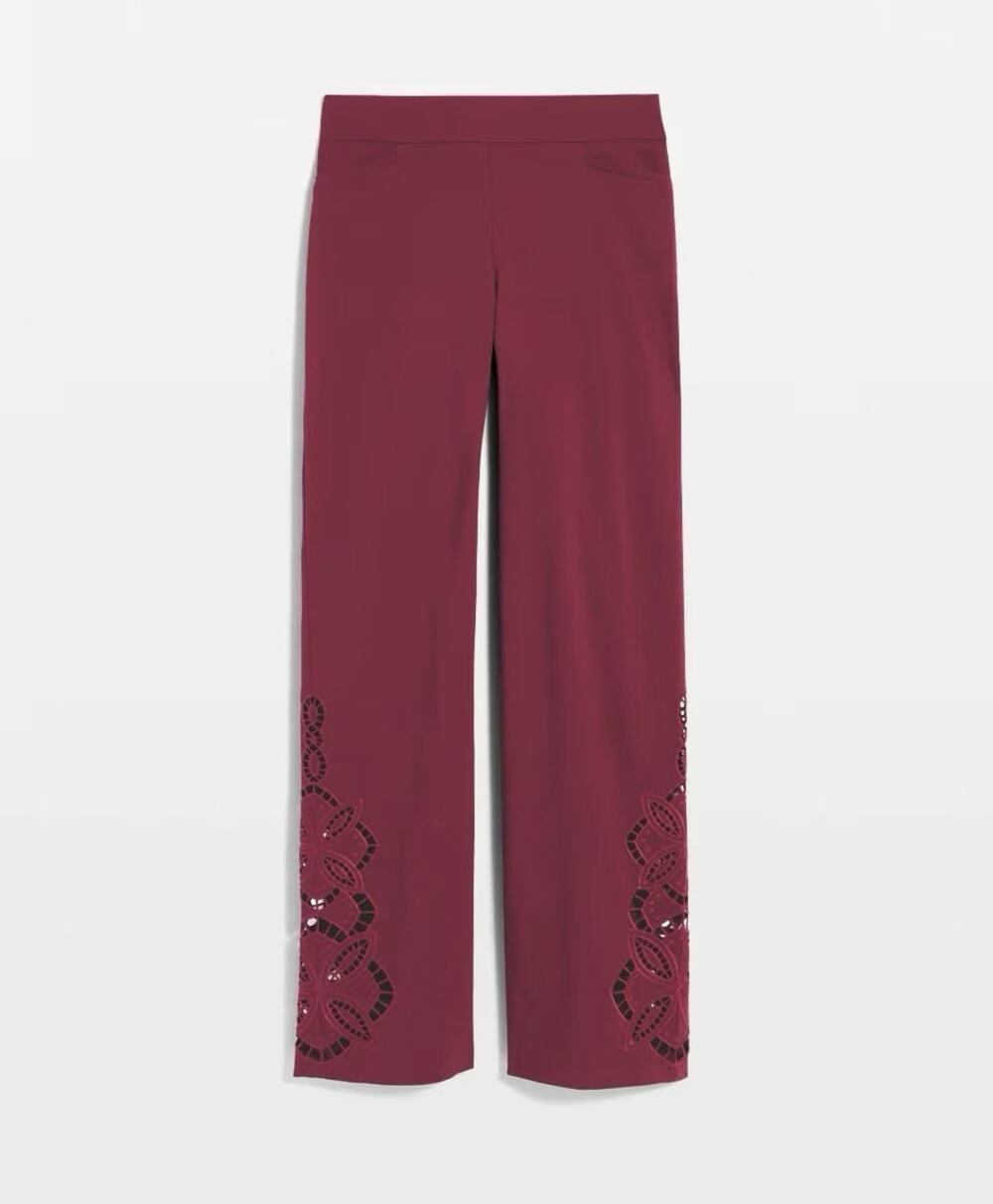 CHICO'S Brigitte Maroon So Slimming Wide Leg Floral Cut-Out Pant Sz 3.5 18R NWT